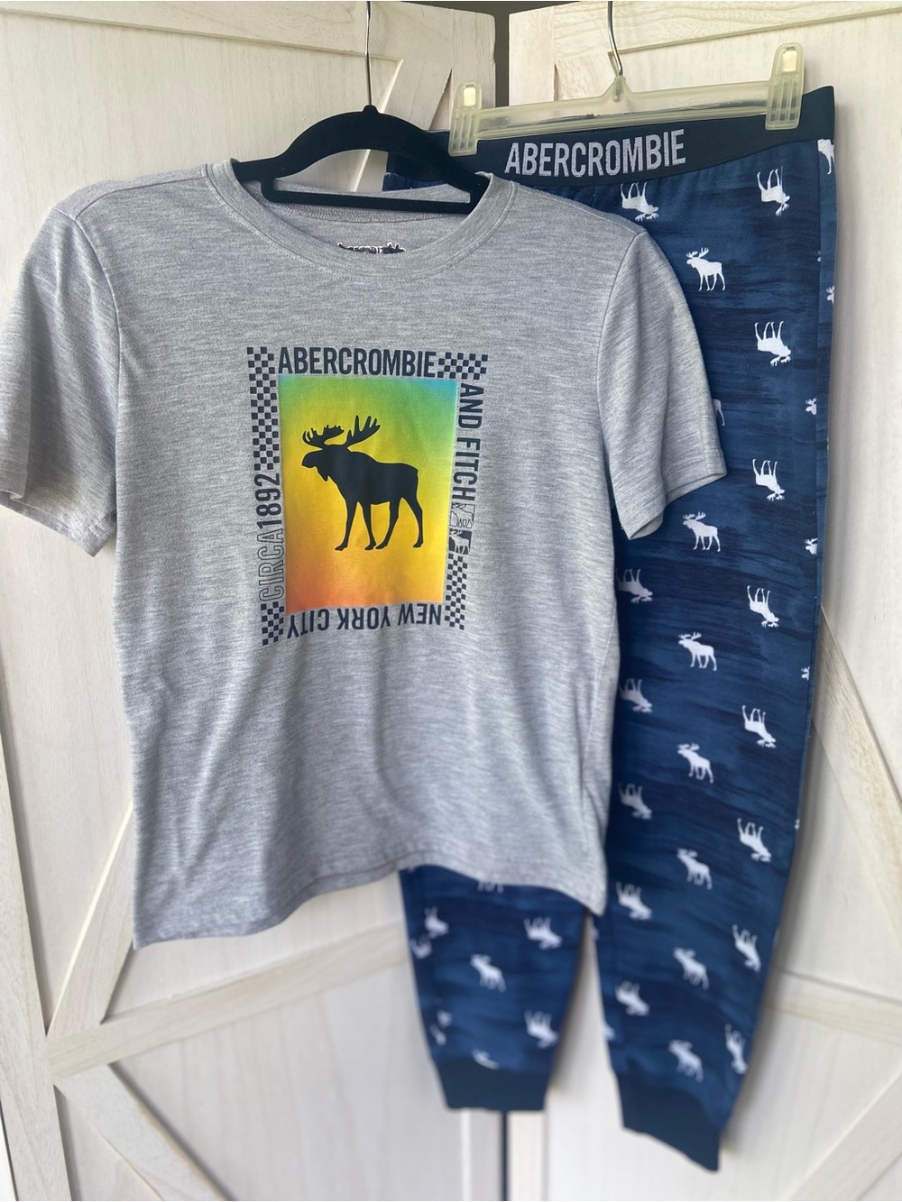 Abercrombie Kids Gray Tee with Navy Moose Pajama Set, 2 Pieces, Size 13/14